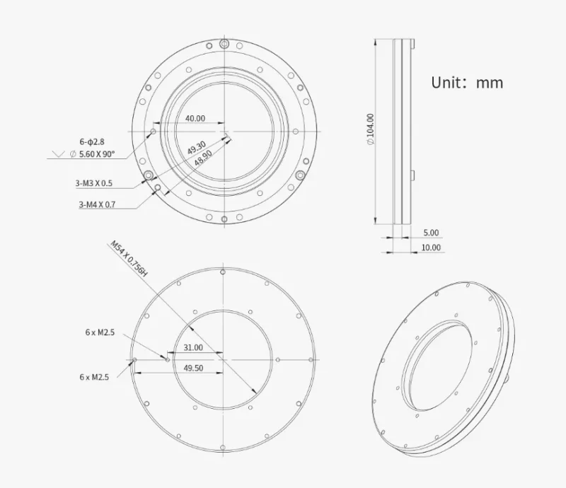 ZWO M54 tilter mechanische tekening